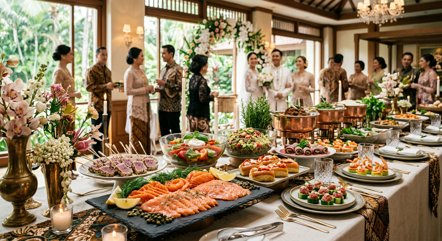Tampilan meja prasmanan catering premium untuk wedding