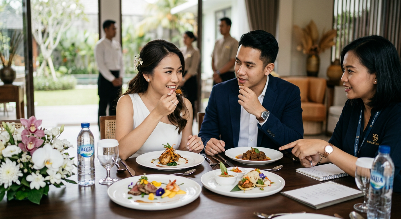 Sesi food testing untuk paket catering pernikahan elegan