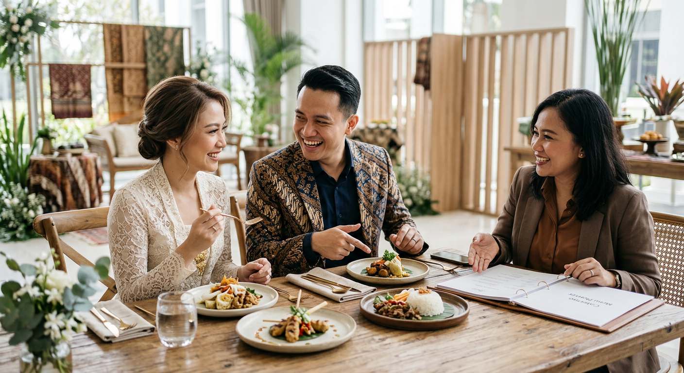 Pasangan melakukan food test catering pernikahan di Jakarta